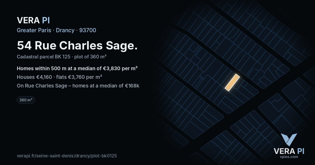 54 Rue Charles Sage, Drancy at night – the plot lit, the parcels around coloured by the prices near them