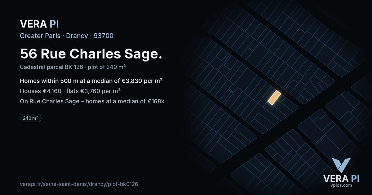 56 Rue Charles Sage, Drancy at night – the plot lit, the parcels around coloured by the prices near them