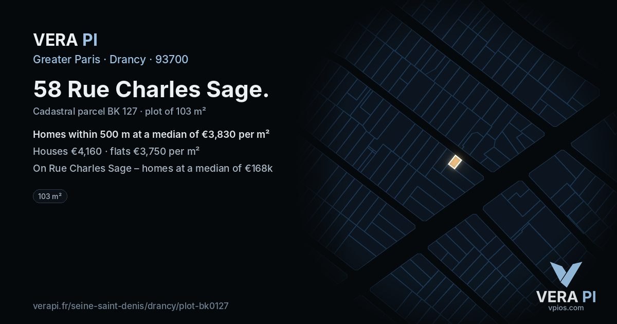 58 Rue Charles Sage, Drancy at night – the plot lit, the parcels around coloured by the prices near them