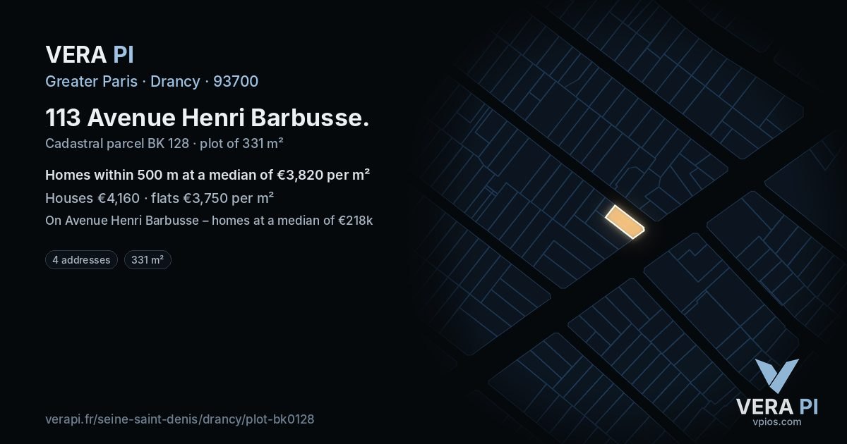 113 Avenue Henri Barbusse, Drancy at night – the plot lit, the parcels around coloured by the prices near them