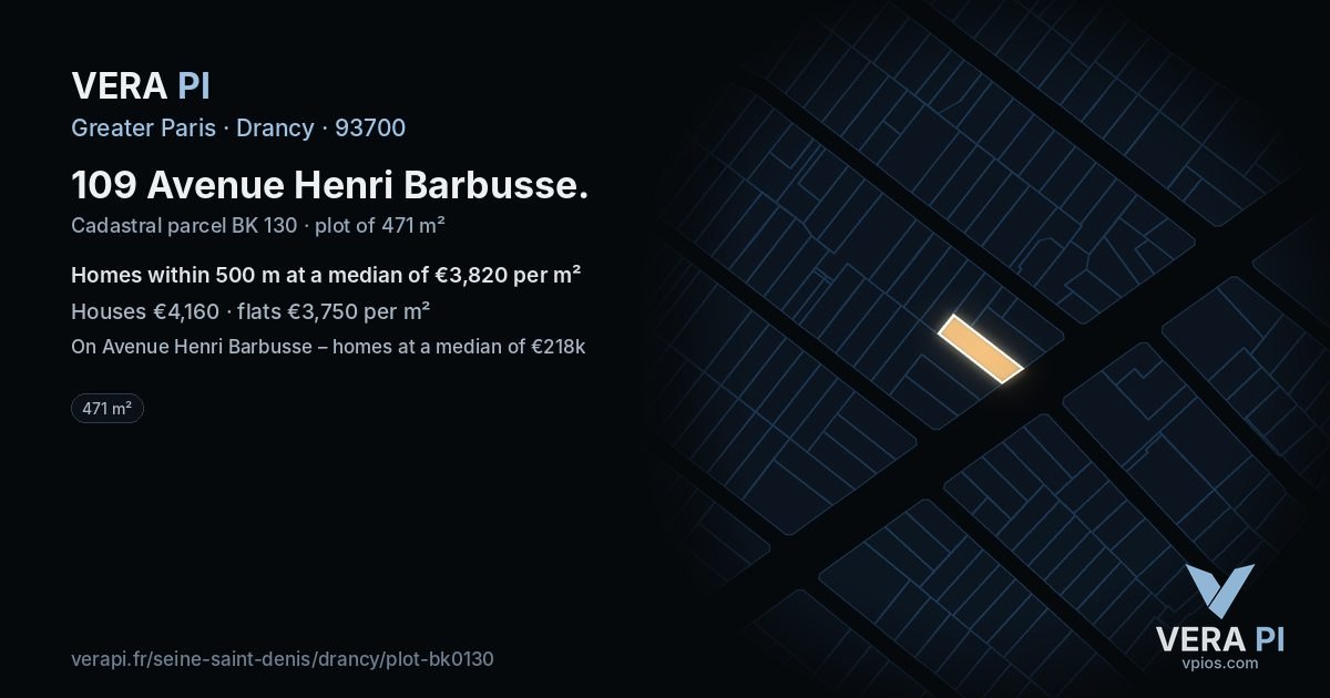 109 Avenue Henri Barbusse, Drancy at night – the plot lit, the parcels around coloured by the prices near them