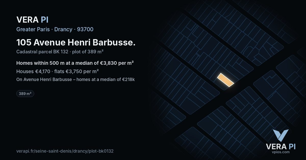 105 Avenue Henri Barbusse, Drancy at night – the plot lit, the parcels around coloured by the prices near them