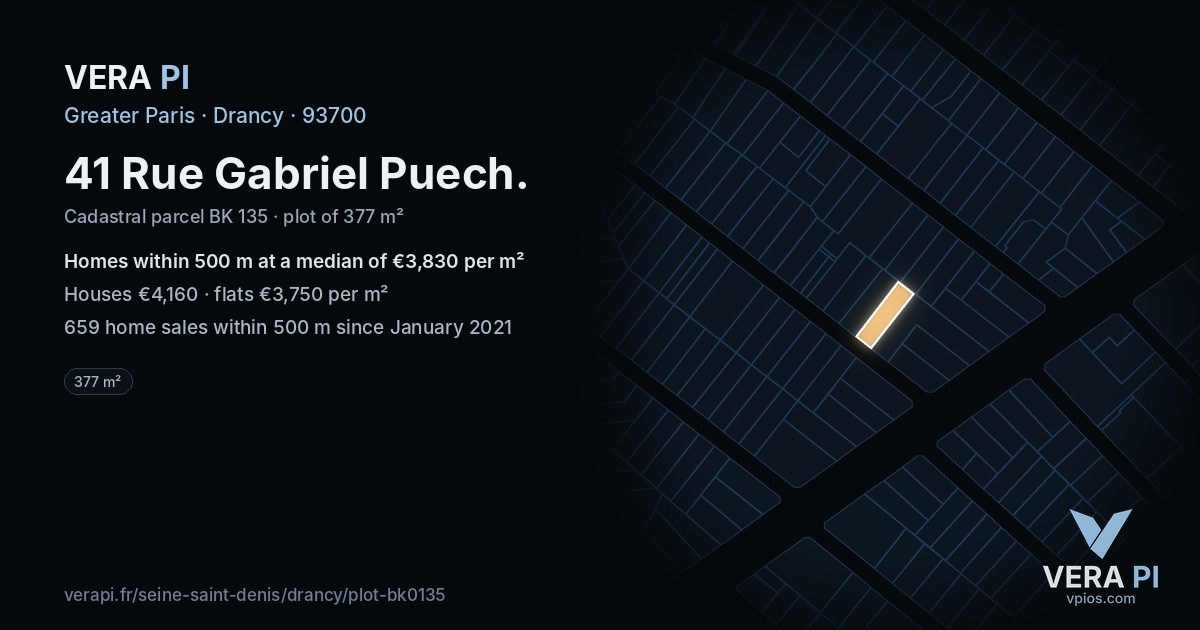 41 Rue Gabriel Puech, Drancy at night – the plot lit, the parcels around coloured by the prices near them