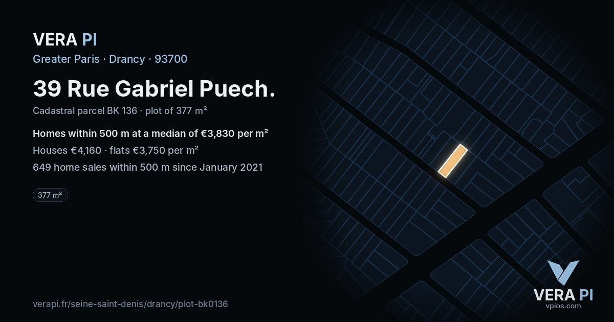 39 Rue Gabriel Puech, Drancy at night – the plot lit, the parcels around coloured by the prices near them