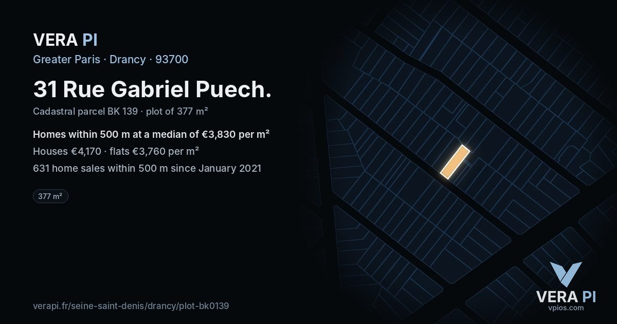 31 Rue Gabriel Puech, Drancy at night – the plot lit, the parcels around coloured by the prices near them