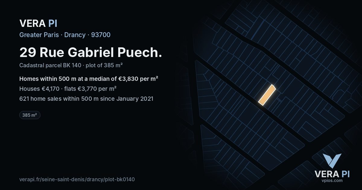29 Rue Gabriel Puech, Drancy at night – the plot lit, the parcels around coloured by the prices near them