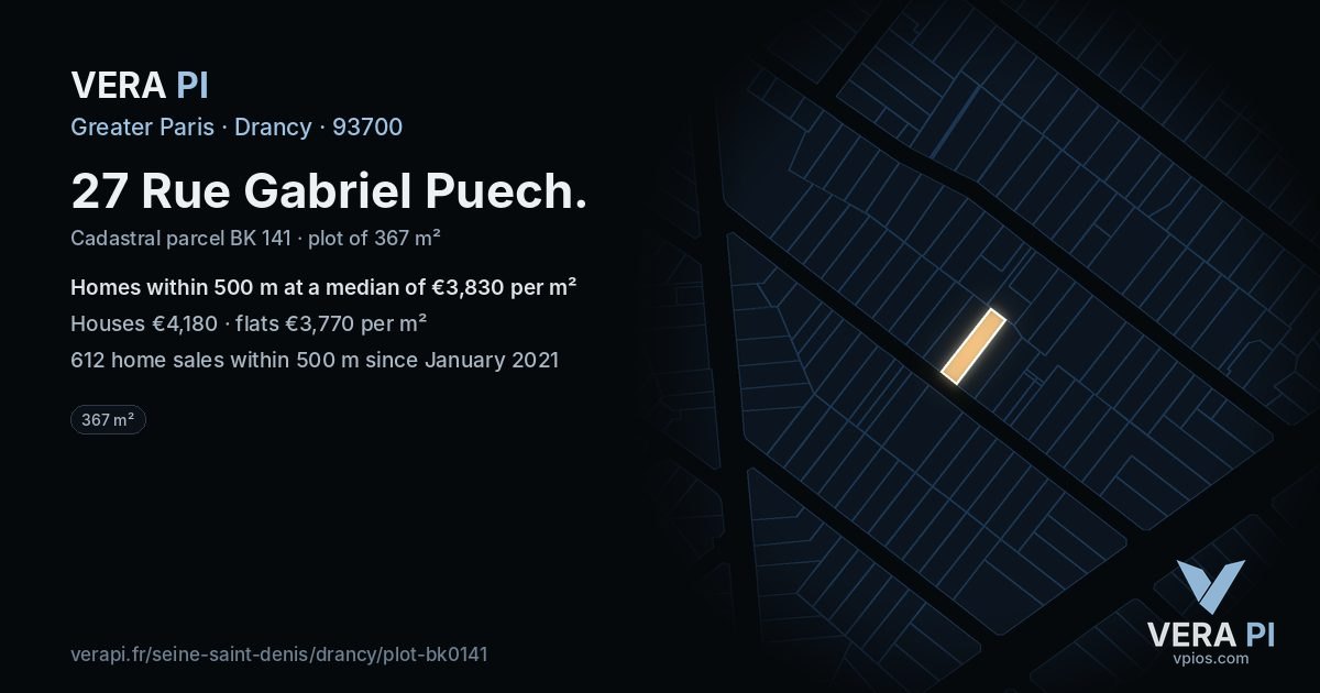 27 Rue Gabriel Puech, Drancy at night – the plot lit, the parcels around coloured by the prices near them
