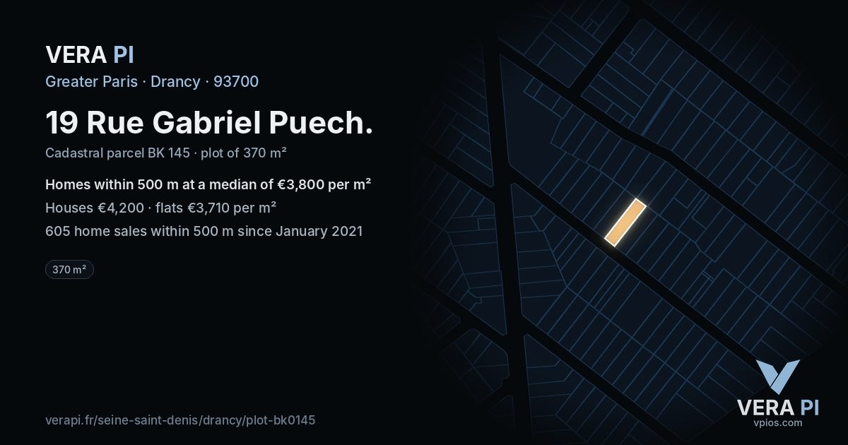19 Rue Gabriel Puech, Drancy at night – the plot lit, the parcels around coloured by the prices near them
