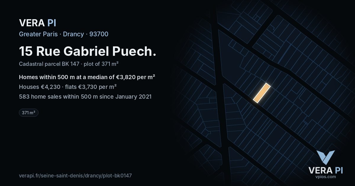 15 Rue Gabriel Puech, Drancy at night – the plot lit, the parcels around coloured by the prices near them