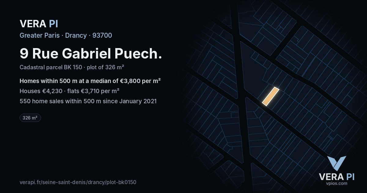 9 Rue Gabriel Puech, Drancy at night – the plot lit, the parcels around coloured by the prices near them