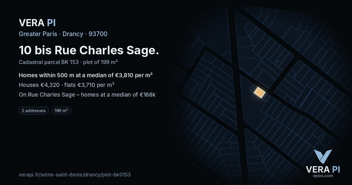 10 bis Rue Charles Sage, Drancy at night – the plot lit, the parcels around coloured by the prices near them