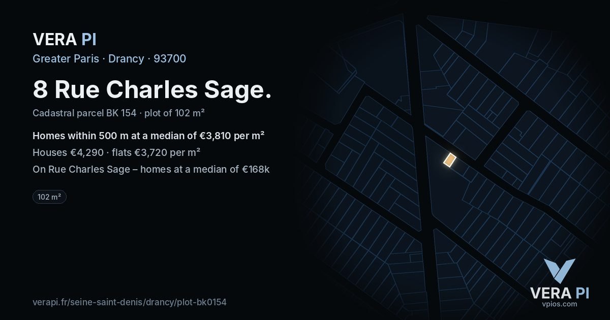 8 Rue Charles Sage, Drancy at night – the plot lit, the parcels around coloured by the prices near them