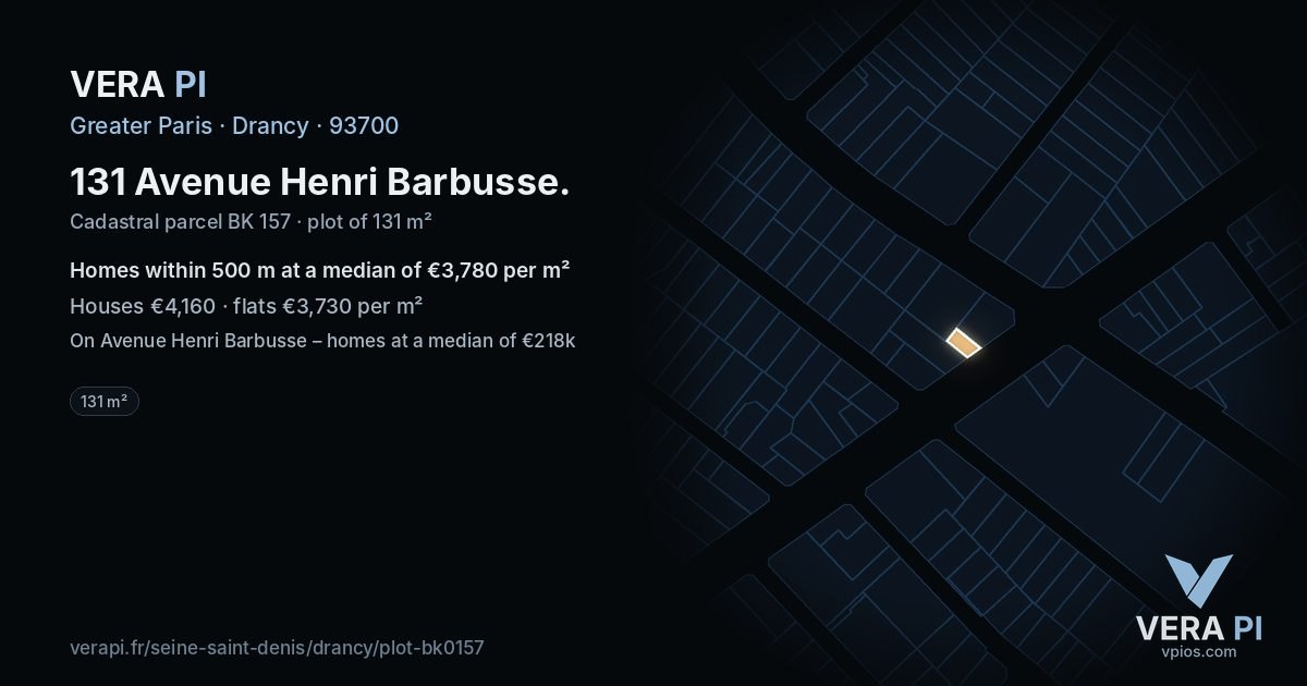 131 Avenue Henri Barbusse, Drancy at night – the plot lit, the parcels around coloured by the prices near them