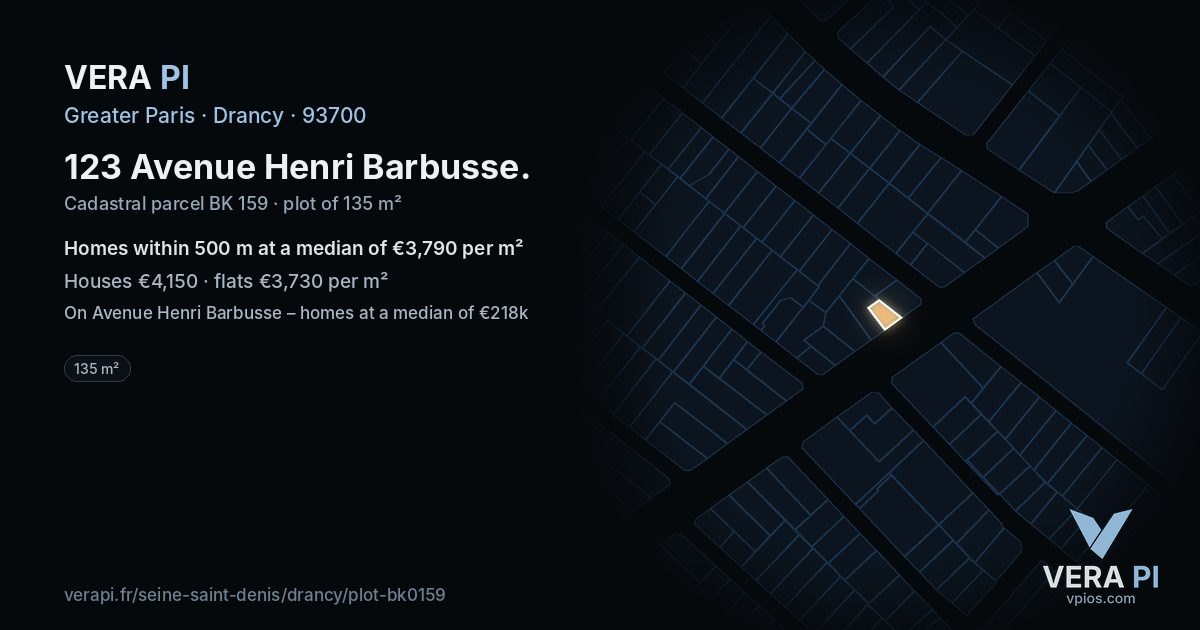 123 Avenue Henri Barbusse, Drancy at night – the plot lit, the parcels around coloured by the prices near them