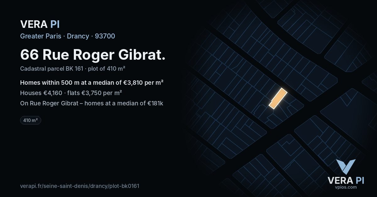 66 Rue Roger Gibrat, Drancy at night – the plot lit, the parcels around coloured by the prices near them