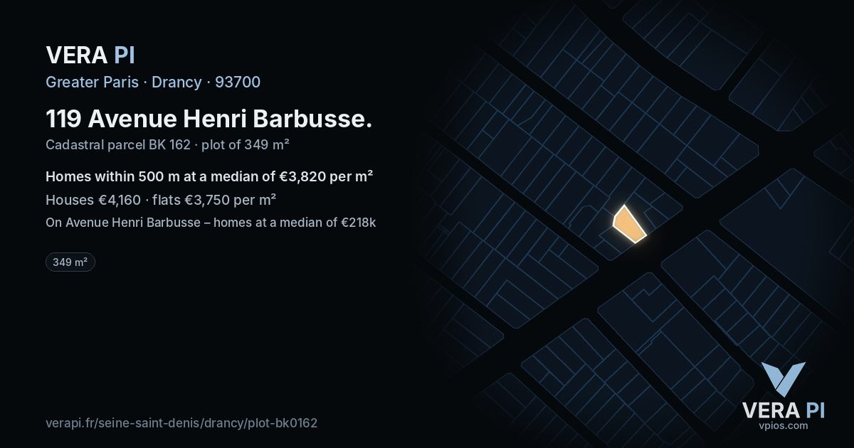 119 Avenue Henri Barbusse, Drancy at night – the plot lit, the parcels around coloured by the prices near them