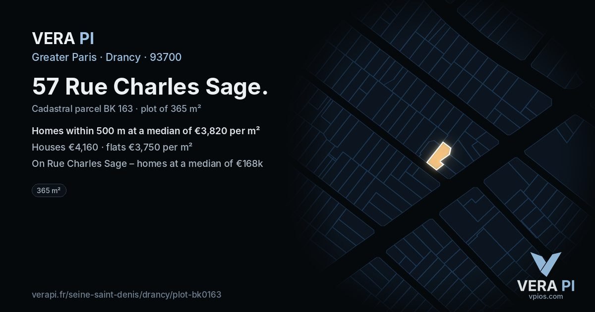 57 Rue Charles Sage, Drancy at night – the plot lit, the parcels around coloured by the prices near them