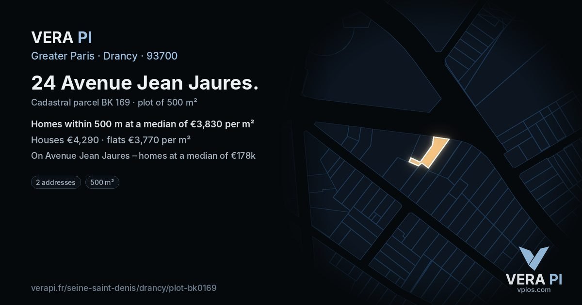 24 Avenue Jean Jaures, Drancy at night – the plot lit, the parcels around coloured by the prices near them