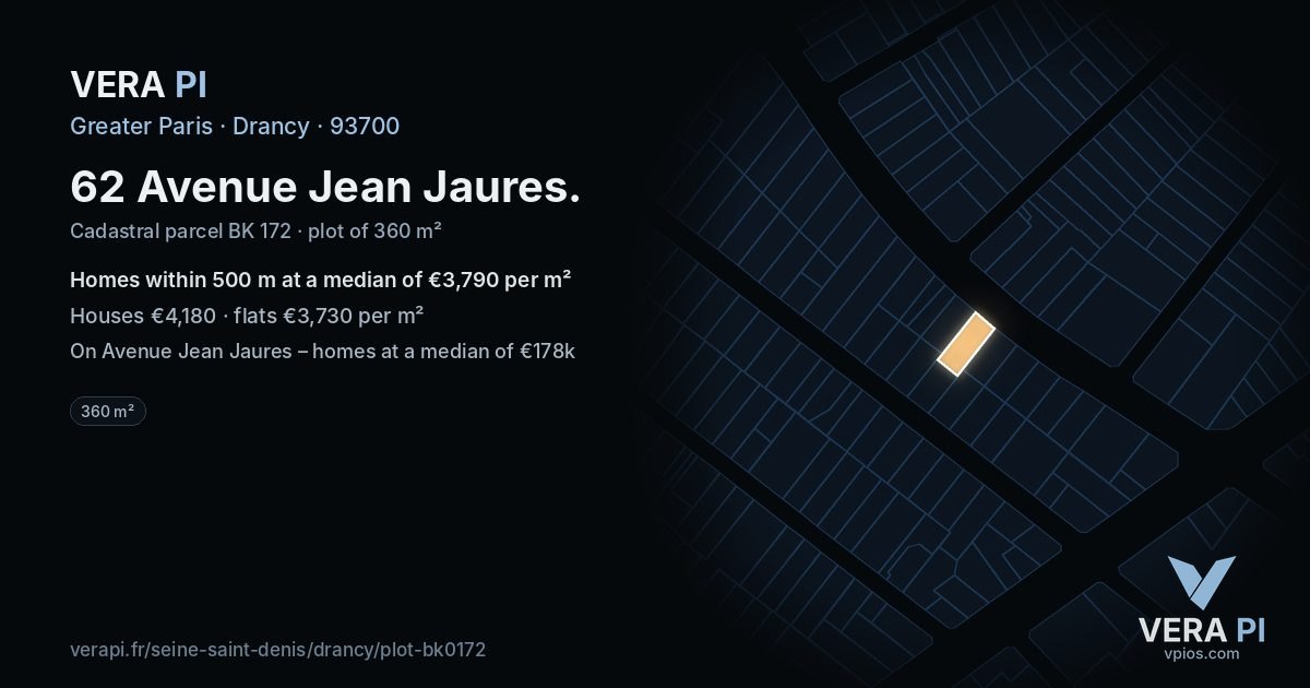 62 Avenue Jean Jaures, Drancy at night – the plot lit, the parcels around coloured by the prices near them