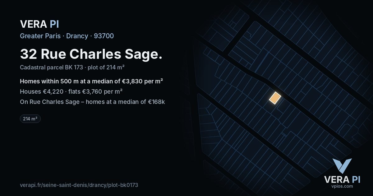 32 Rue Charles Sage, Drancy at night – the plot lit, the parcels around coloured by the prices near them