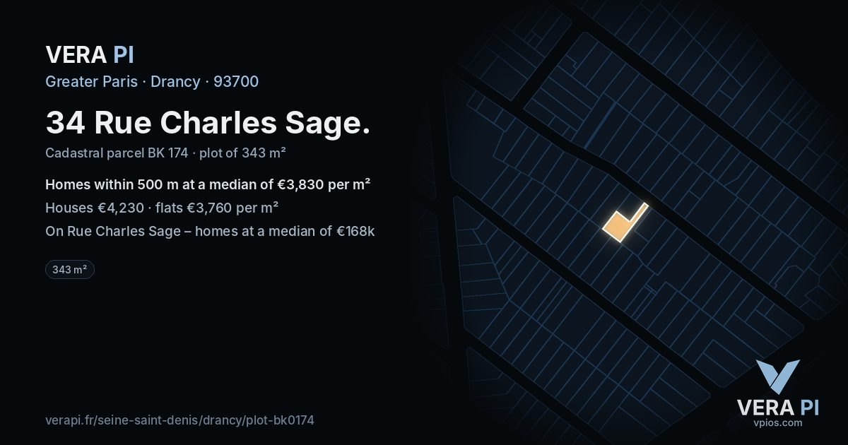 34 Rue Charles Sage, Drancy at night – the plot lit, the parcels around coloured by the prices near them