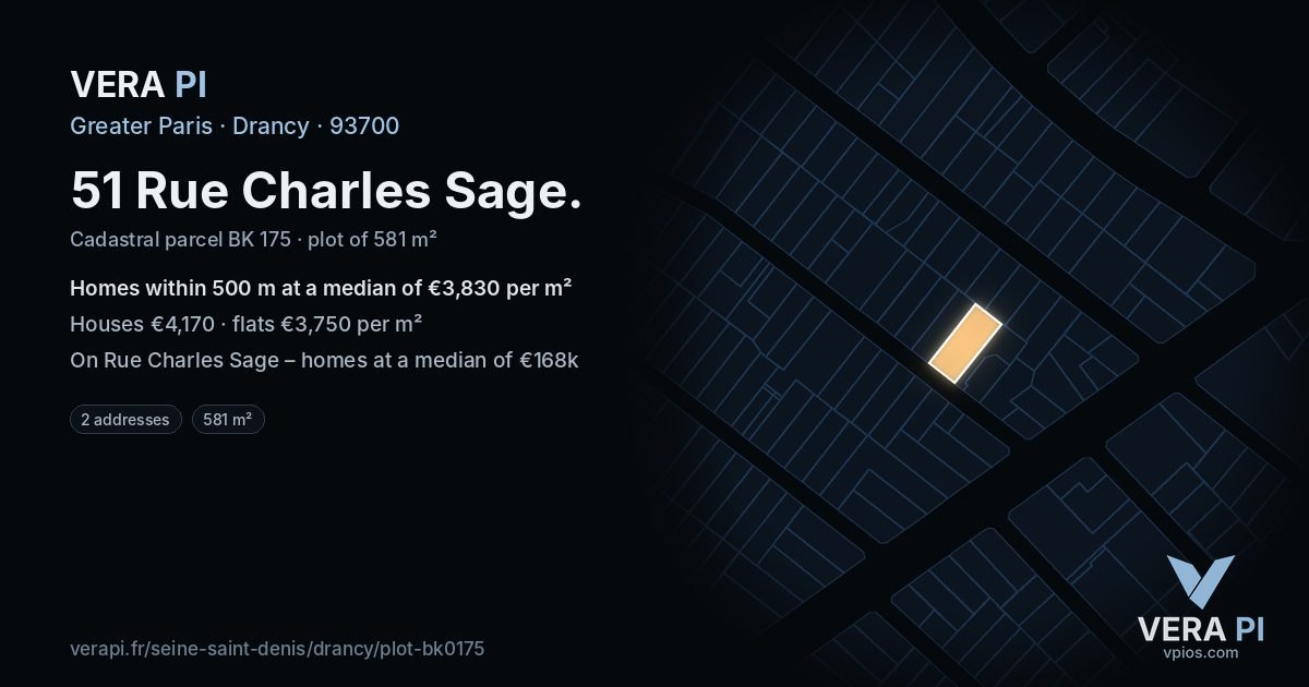 51 Rue Charles Sage, Drancy at night – the plot lit, the parcels around coloured by the prices near them
