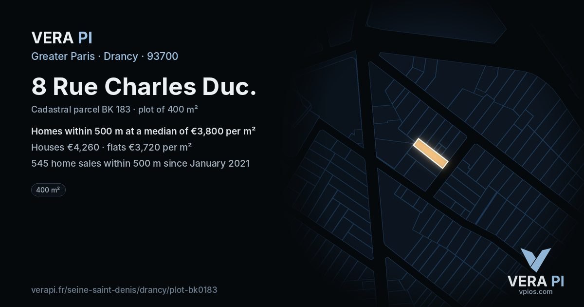 8 Rue Charles Duc, Drancy at night – the plot lit, the parcels around coloured by the prices near them