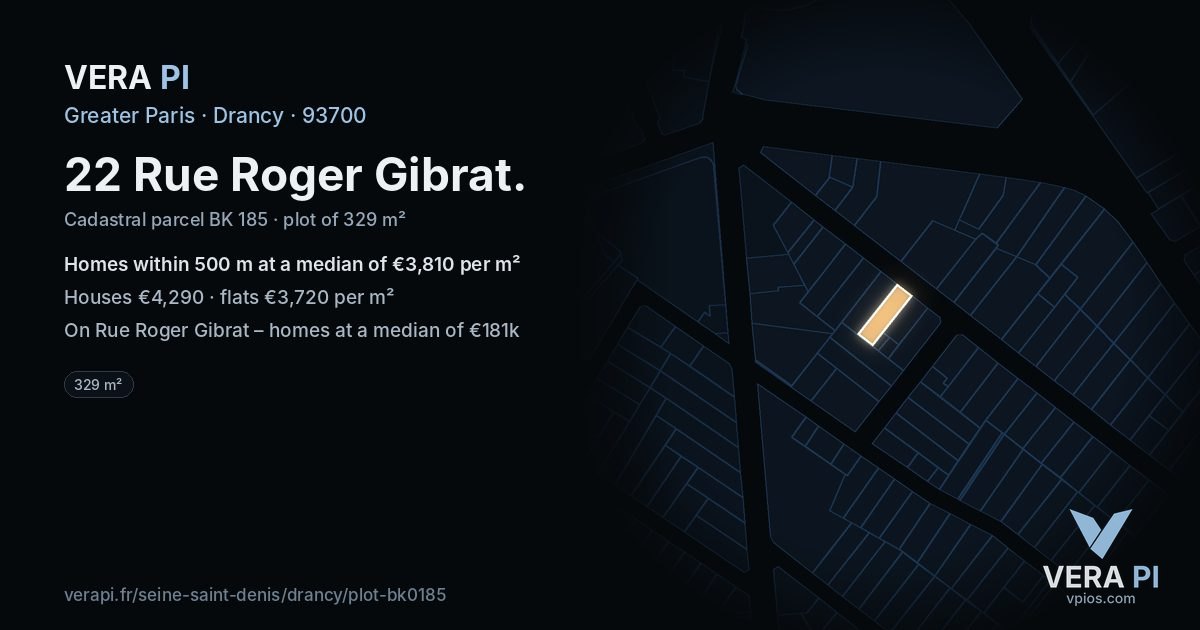 22 Rue Roger Gibrat, Drancy at night – the plot lit, the parcels around coloured by the prices near them