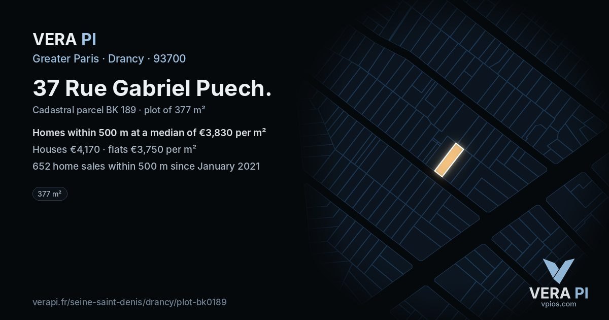 37 Rue Gabriel Puech, Drancy at night – the plot lit, the parcels around coloured by the prices near them