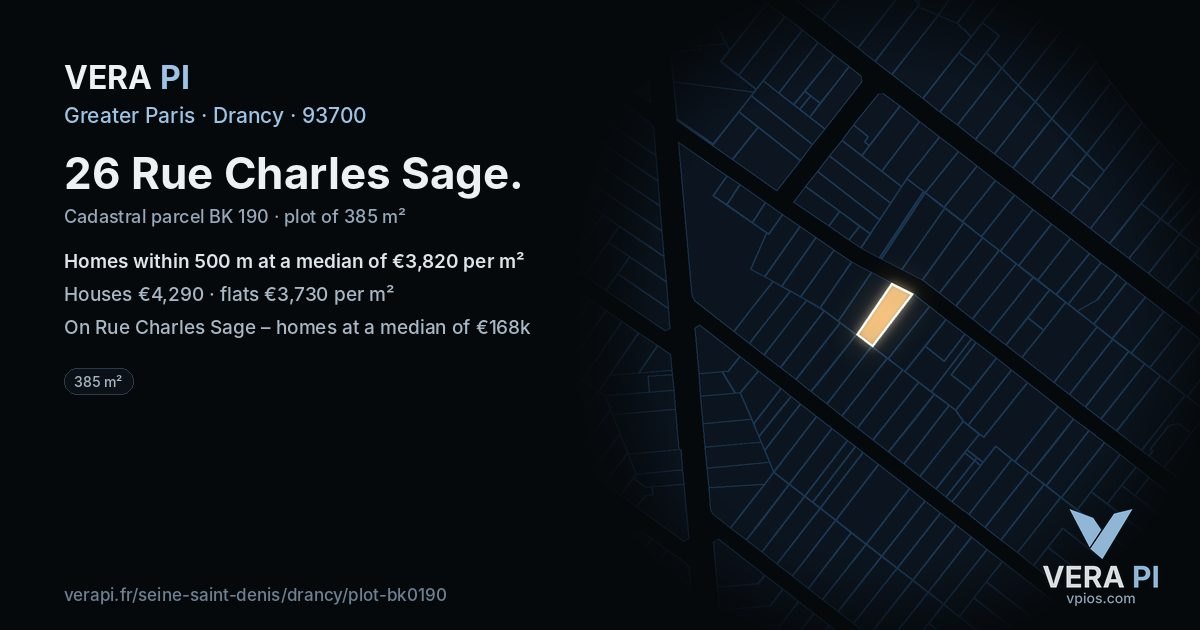 26 Rue Charles Sage, Drancy at night – the plot lit, the parcels around coloured by the prices near them