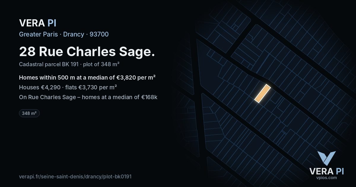 28 Rue Charles Sage, Drancy at night – the plot lit, the parcels around coloured by the prices near them