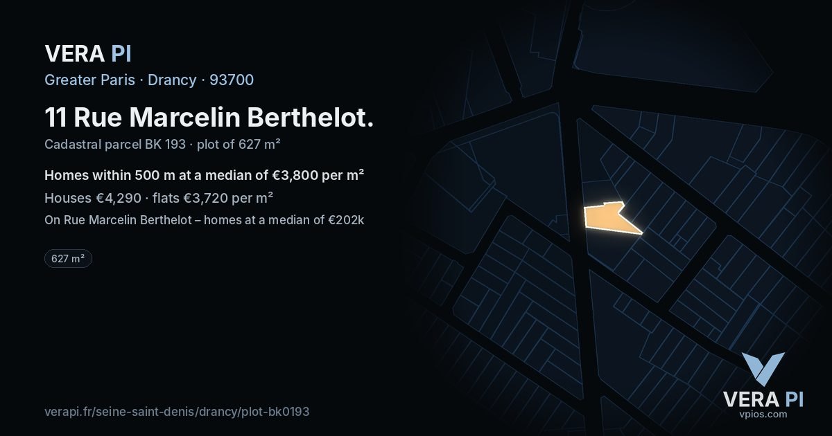 11 Rue Marcelin Berthelot, Drancy at night – the plot lit, the parcels around coloured by the prices near them