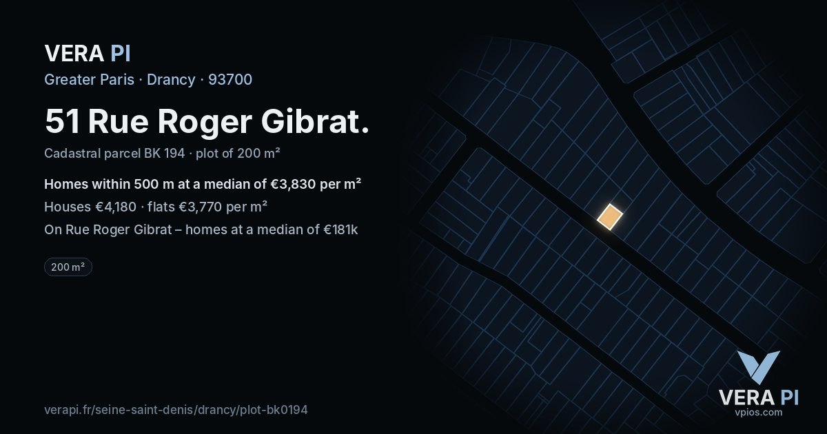 51 Rue Roger Gibrat, Drancy at night – the plot lit, the parcels around coloured by the prices near them