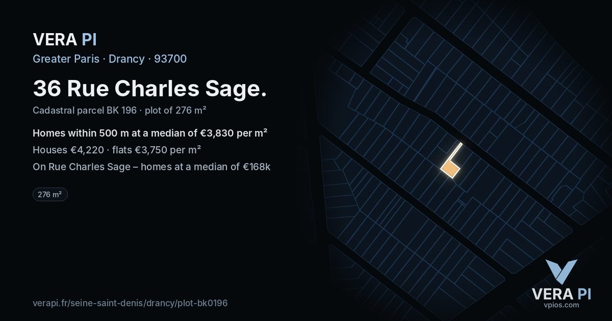 36 Rue Charles Sage, Drancy at night – the plot lit, the parcels around coloured by the prices near them