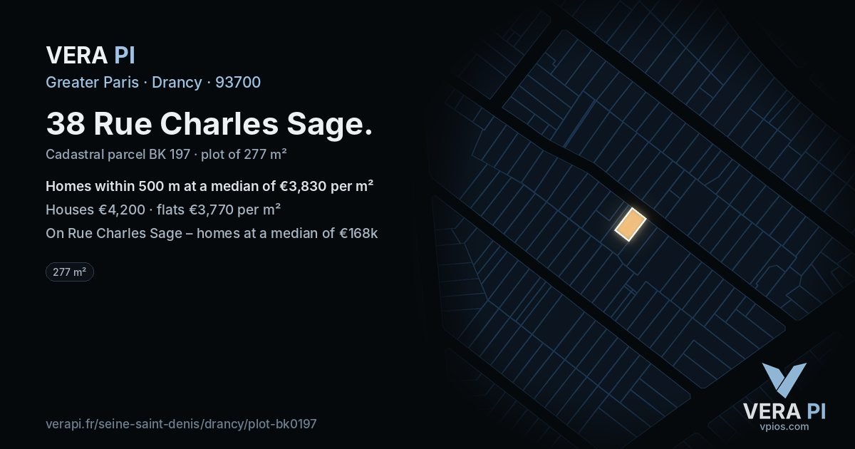 38 Rue Charles Sage, Drancy at night – the plot lit, the parcels around coloured by the prices near them