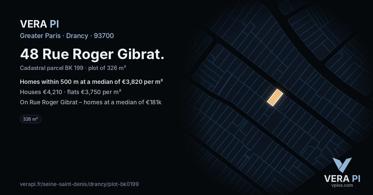 48 Rue Roger Gibrat, Drancy at night – the plot lit, the parcels around coloured by the prices near them