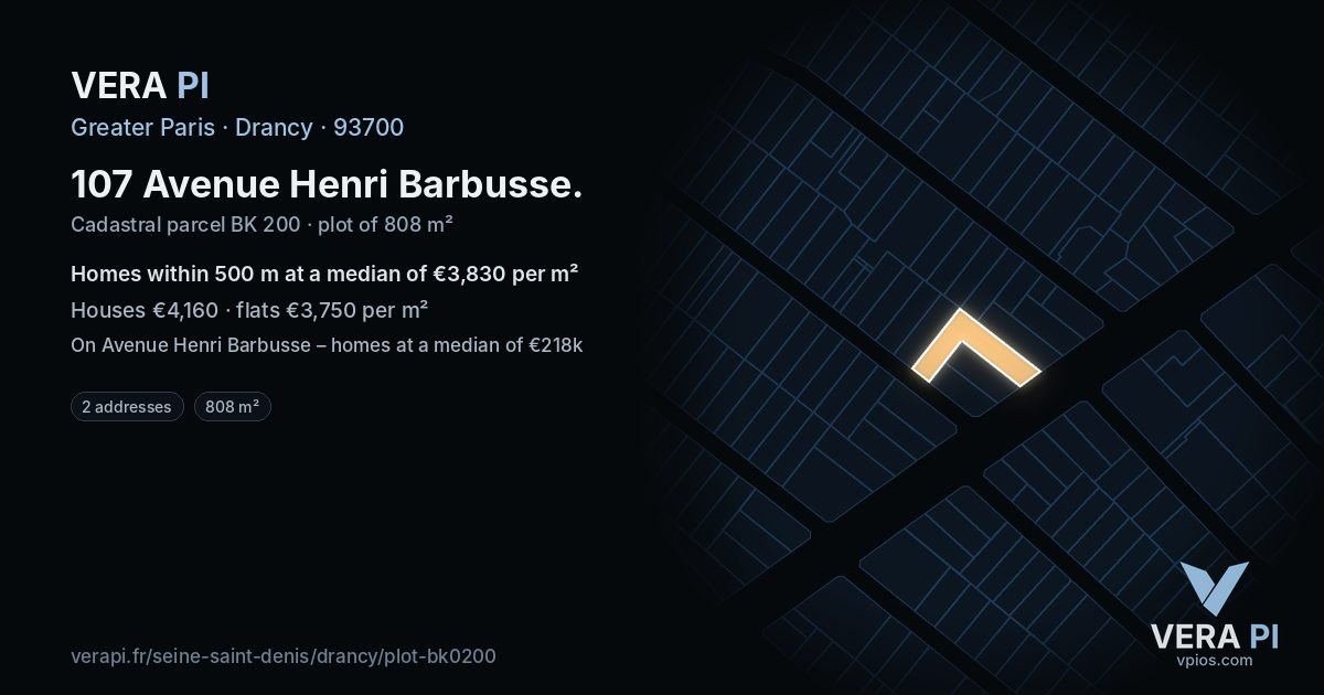 107 Avenue Henri Barbusse, Drancy at night – the plot lit, the parcels around coloured by the prices near them