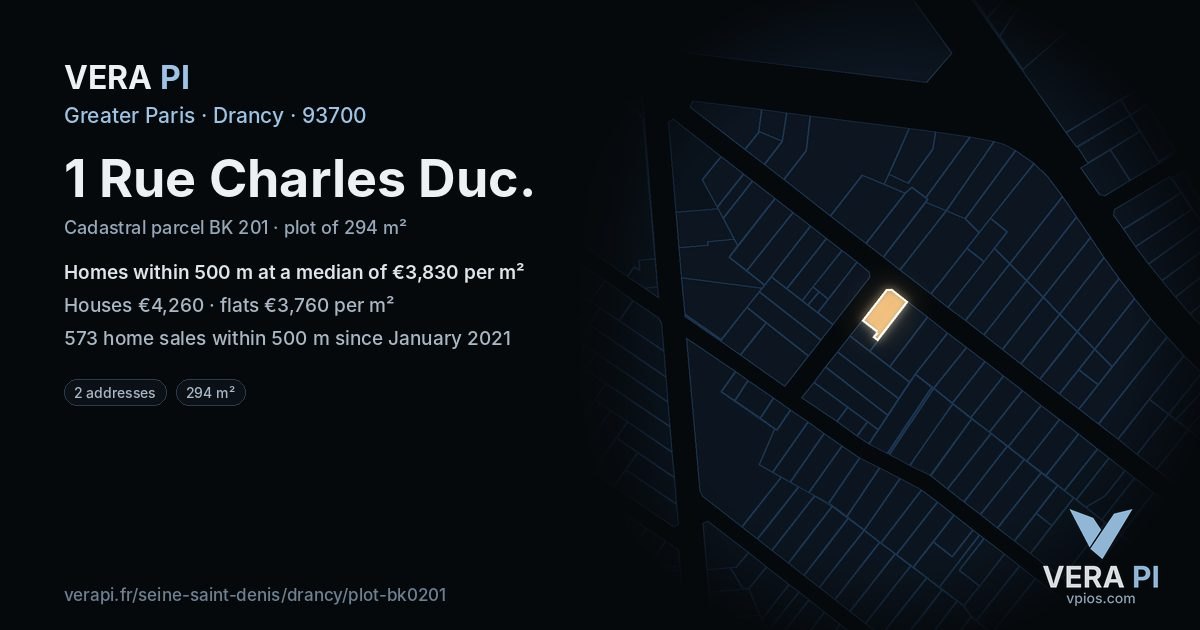 1 Rue Charles Duc, Drancy at night – the plot lit, the parcels around coloured by the prices near them