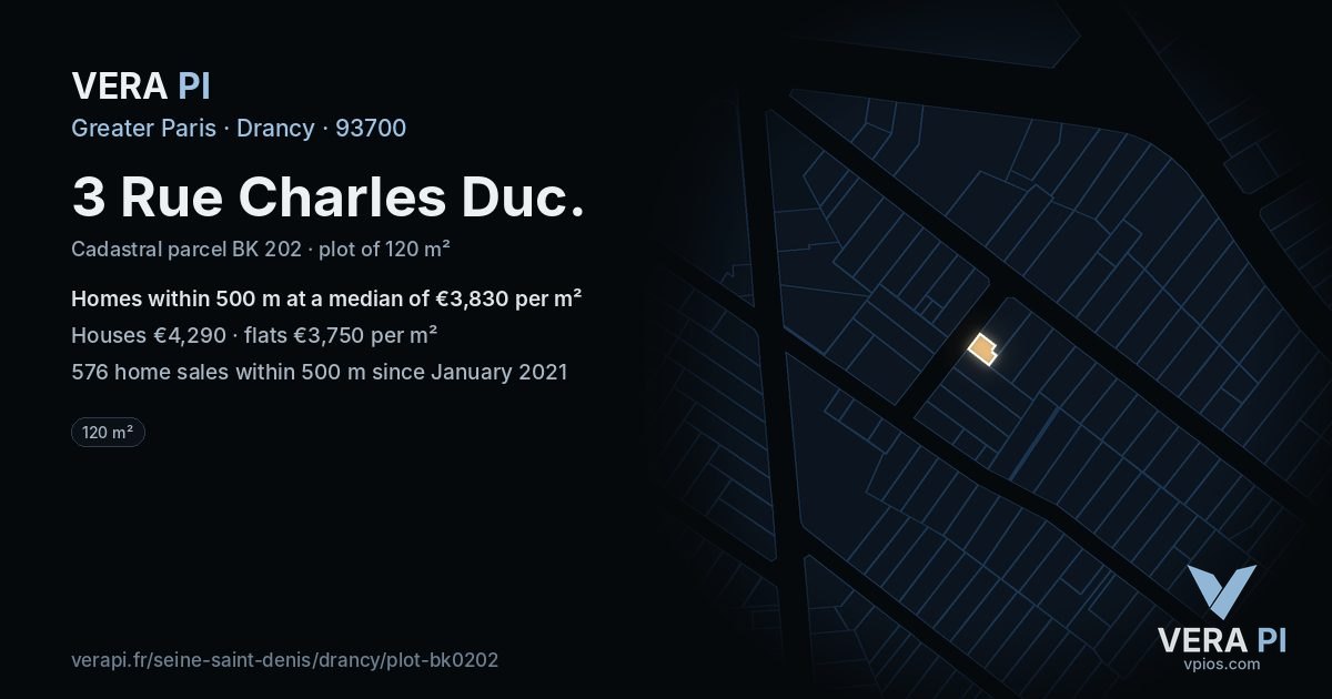 3 Rue Charles Duc, Drancy at night – the plot lit, the parcels around coloured by the prices near them