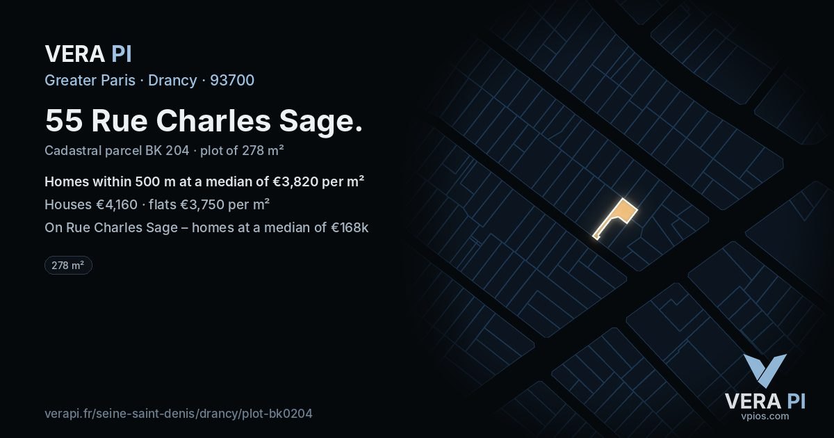 55 Rue Charles Sage, Drancy at night – the plot lit, the parcels around coloured by the prices near them