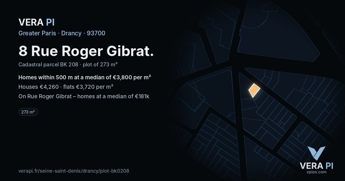 8 Rue Roger Gibrat, Drancy at night – the plot lit, the parcels around coloured by the prices near them