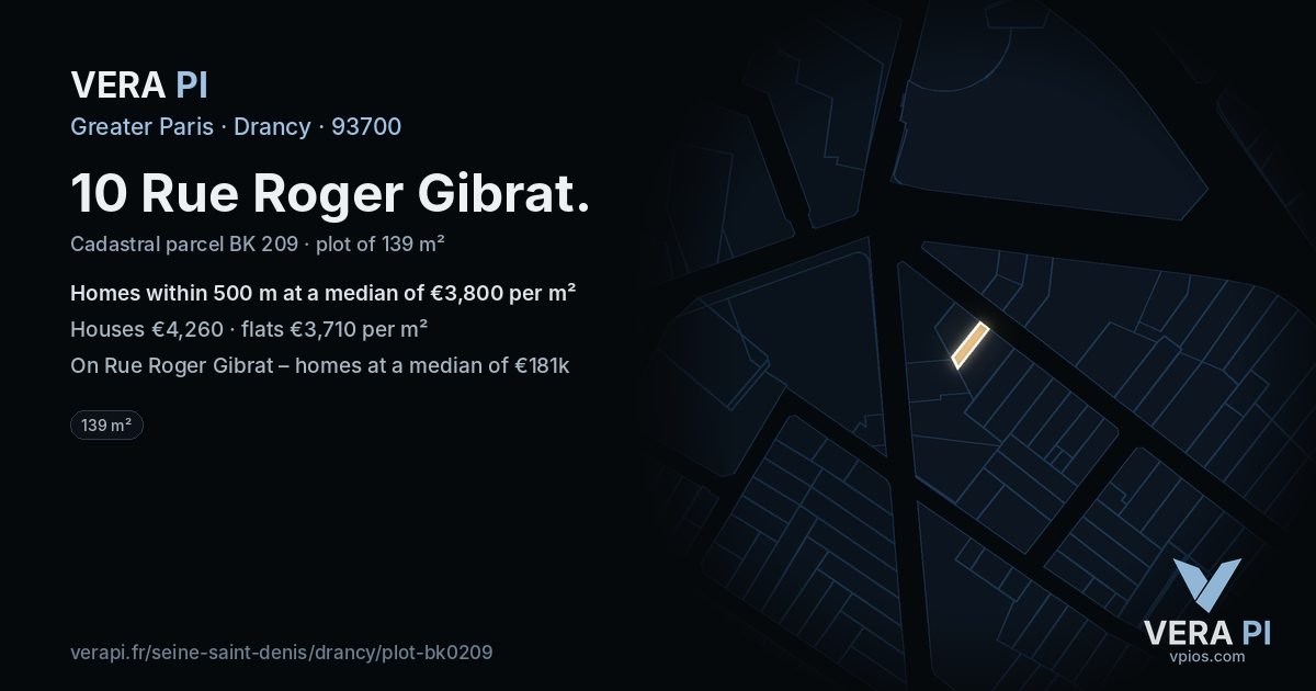 10 Rue Roger Gibrat, Drancy at night – the plot lit, the parcels around coloured by the prices near them