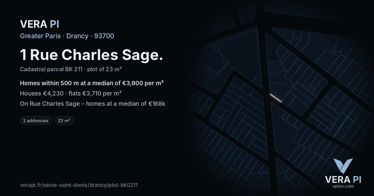 1 Rue Charles Sage, Drancy at night – the plot lit, the parcels around coloured by the prices near them