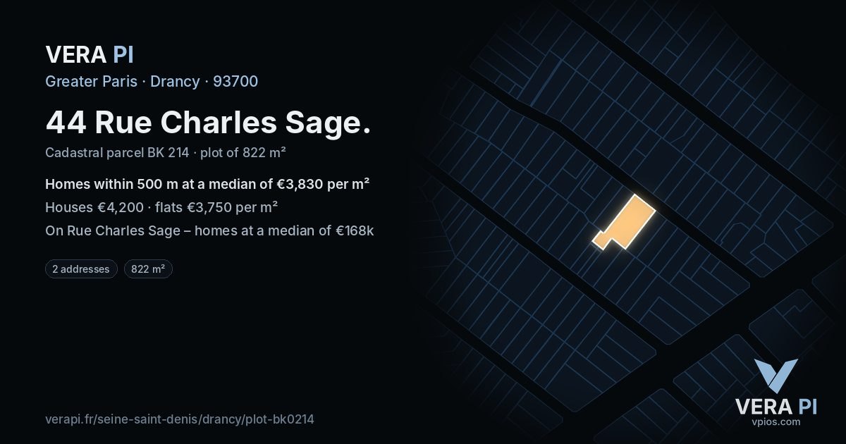 44 Rue Charles Sage, Drancy at night – the plot lit, the parcels around coloured by the prices near them