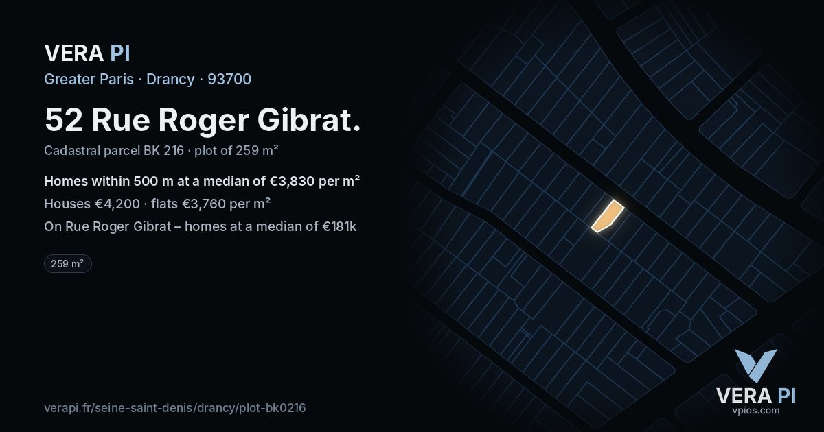52 Rue Roger Gibrat, Drancy at night – the plot lit, the parcels around coloured by the prices near them