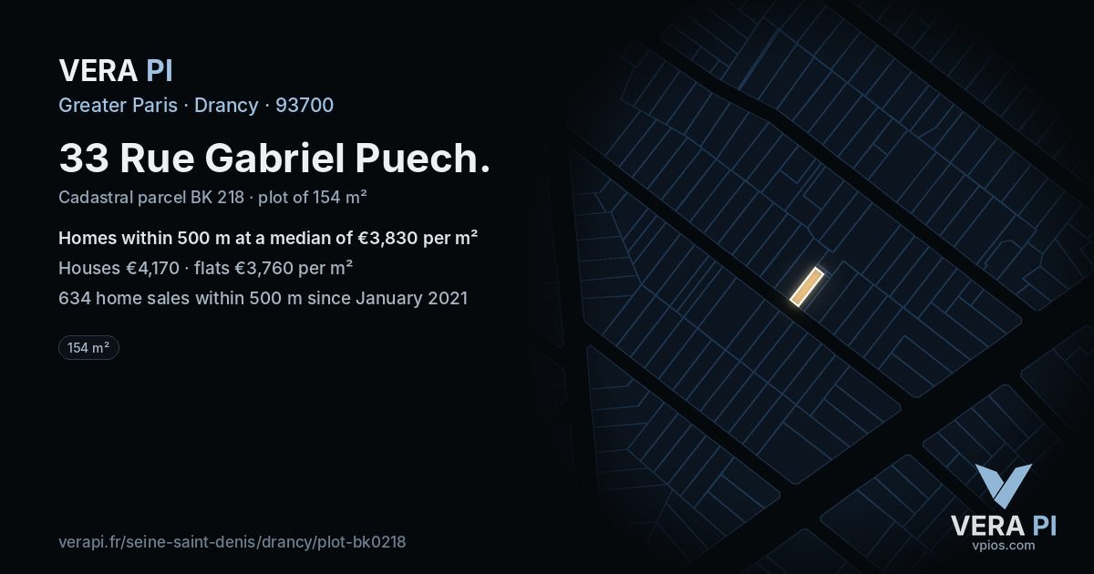 33 Rue Gabriel Puech, Drancy at night – the plot lit, the parcels around coloured by the prices near them