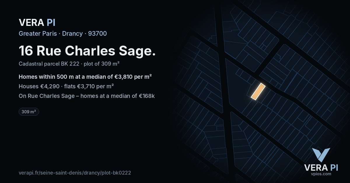 16 Rue Charles Sage, Drancy at night – the plot lit, the parcels around coloured by the prices near them