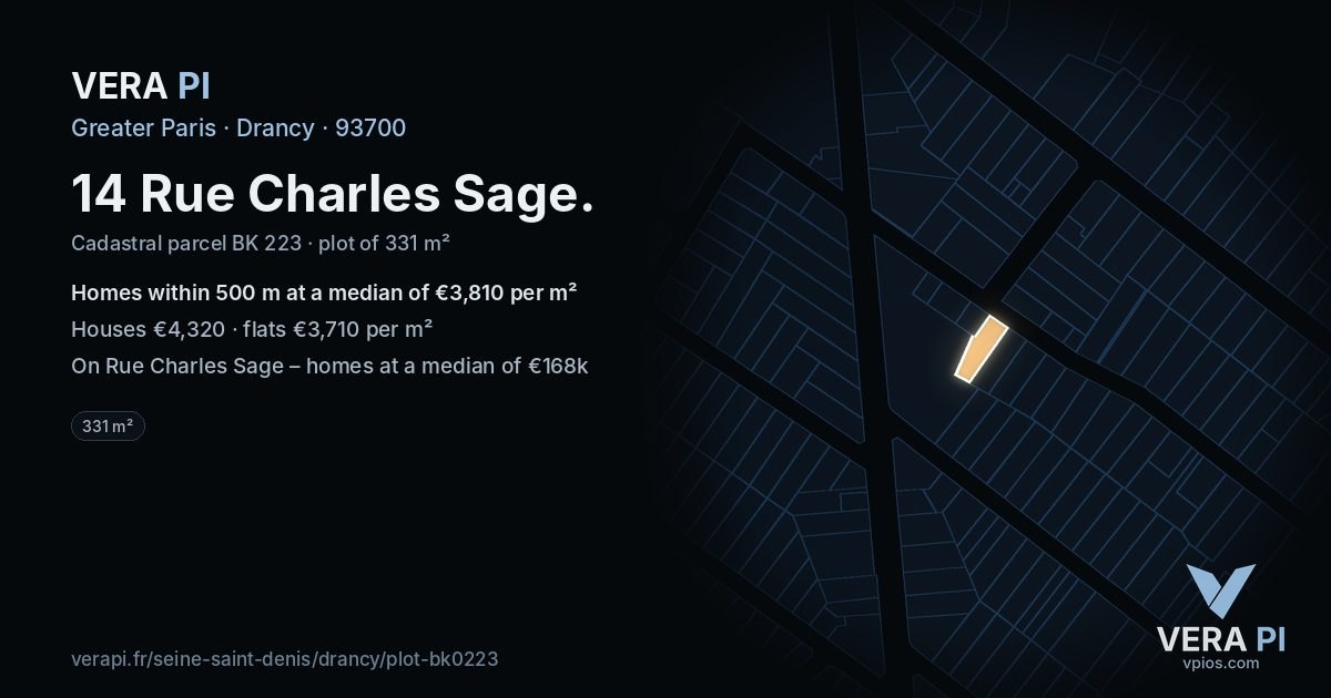 14 Rue Charles Sage, Drancy at night – the plot lit, the parcels around coloured by the prices near them