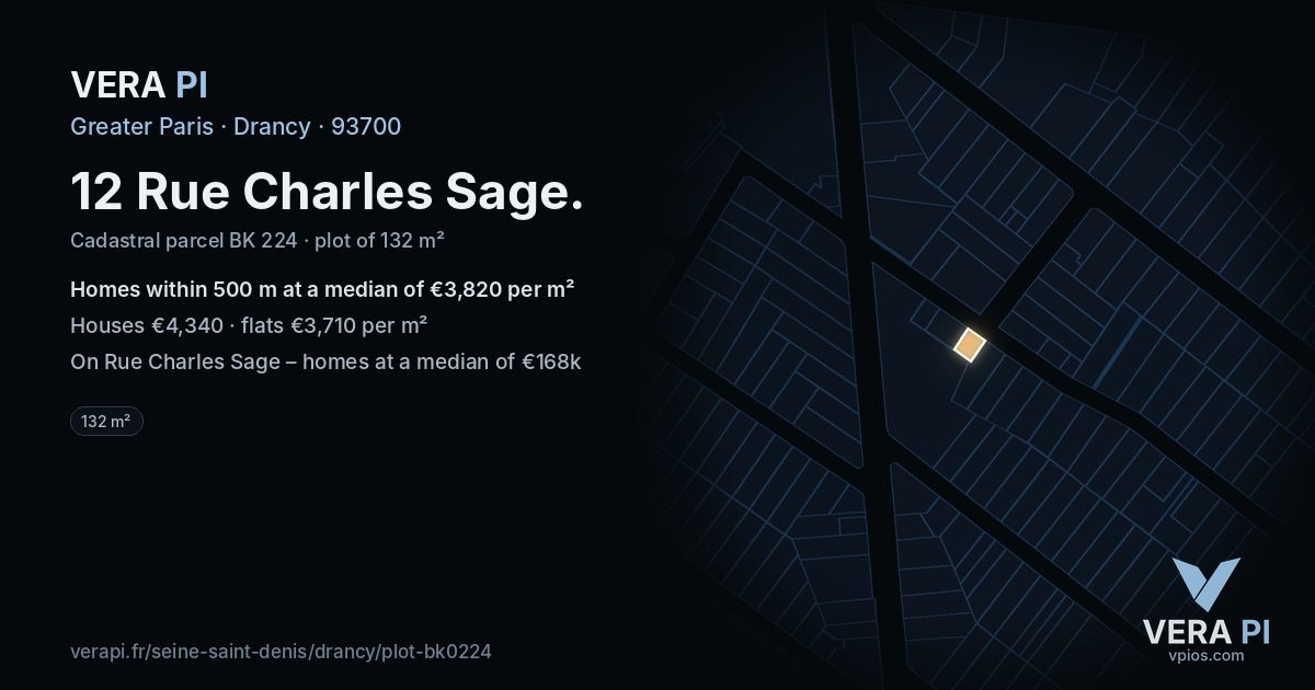 12 Rue Charles Sage, Drancy at night – the plot lit, the parcels around coloured by the prices near them