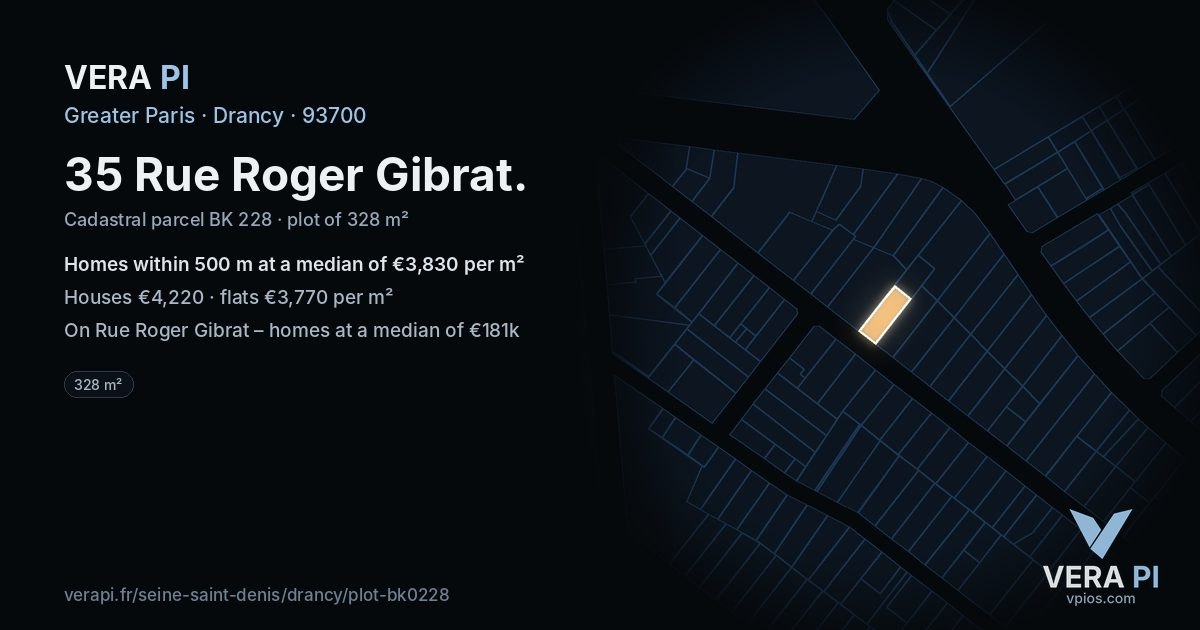 35 Rue Roger Gibrat, Drancy at night – the plot lit, the parcels around coloured by the prices near them